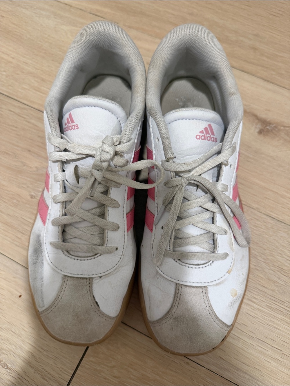 adidas White Sneakers with Pink Stripes and Gum Sole